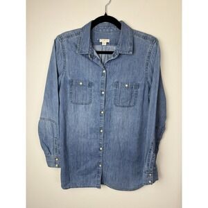J Jill Denim Shirt Top Wm S Button Front white Pearl Snaps LS Pockets 100 Cotton